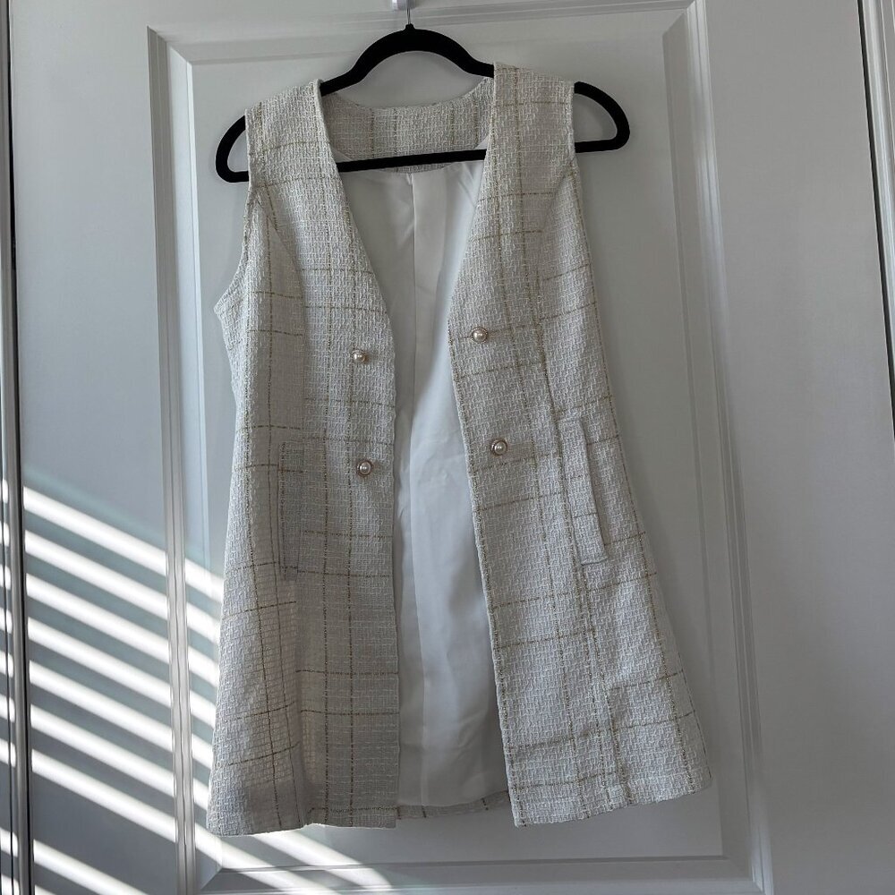Shein Sleeveless White and Gold Plaid Double Breasted Jacket/Vest Size Small